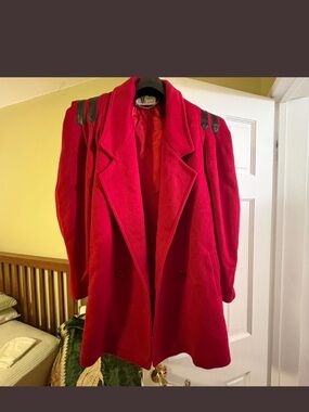 Classic Red Women's Wool Blend Coat with Shoulder Detail